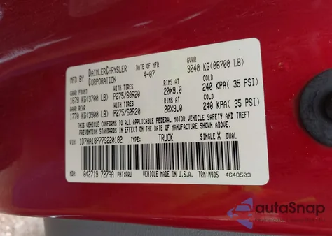 2007 Dodge Ram 1500 Slt z USA, uszkodzony, nr VIN 1D7HA18P77S220182